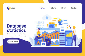Database statistics flat landing page vector template. Office managers, analysts faceless characters. Data collection, information overview, business development web banner homepage design layout