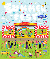 Poster for the music summer festival. Open-air live performance in the outdoor suburban landscape.