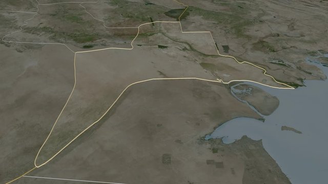 Al-Basrah, province with its capital, zoomed and extruded on the satellite map of Iraq in the conformal Stereographic projection. Animation 3D