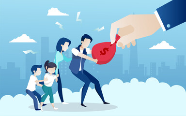 Vector of a businessman pulling sack of money from a family .