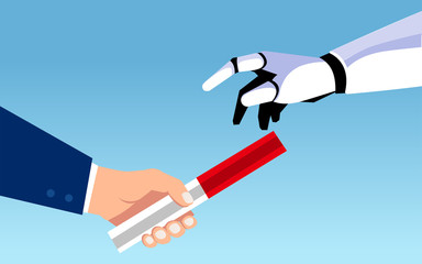 Vector of a business man passing a relay baton to a robot