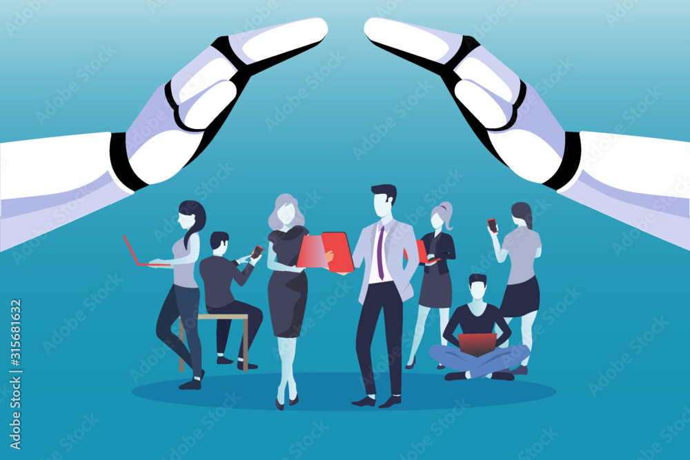 Wall mural vector of business people using mobile devices being protected by robot hands