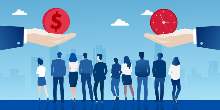 Vector of business people making a choice better lifestyle or pay