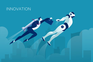 Vector of a business man and robot team working flying up