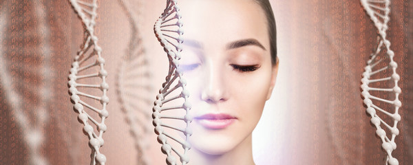 Sensual woman and DNA stems with matrix code over beige background.