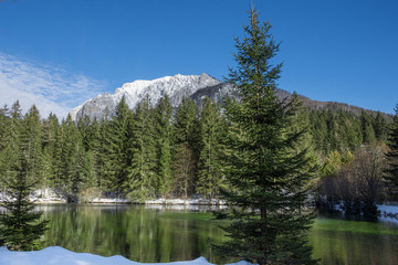 Green lake (Gruner see) in sunny winter day. Famous tourist destination for walking and trekking in Styria region, Austria