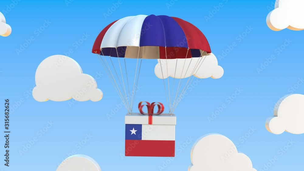 Poster box with national flag of chile falls with a parachute. loopable conceptual 3d animation