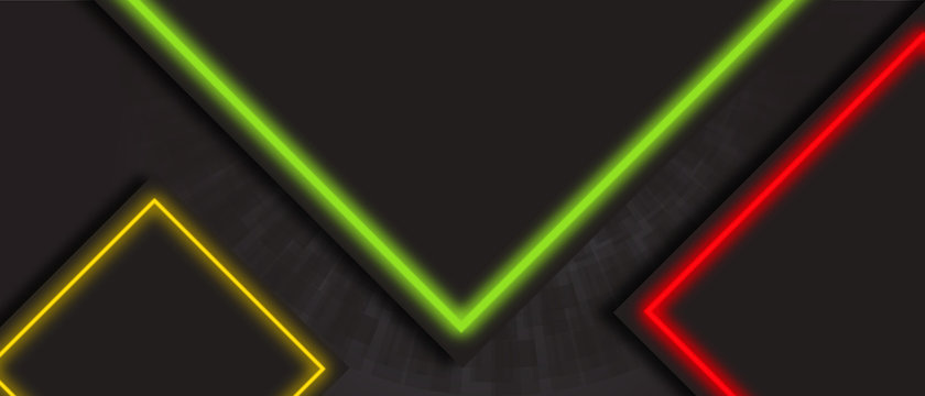 Black Tech Abstract Banner Design With Green, Red And Yellow Neon Glowing Light