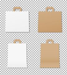 Realistic paper bag set. Empty shopping bag mockup. Paper shopping bag packaging. Mockup isolated. Template design. Realistic vector illustration.