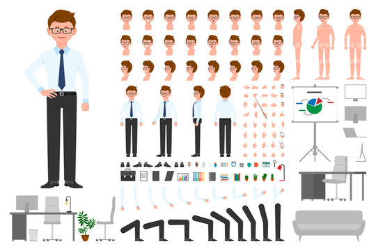 Office worker cartoon character body parts creation set. Young man standing constructor vector illustration on white