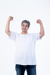 Portrait images of Asian obese men with gray hair are suffering from headaches and stress from their obesity diseases On white background, to health care concept.