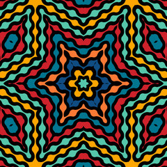 Colorful kaleidoscope seamless pattern design on dark background - floral or star shape ethnic style repeat pattern