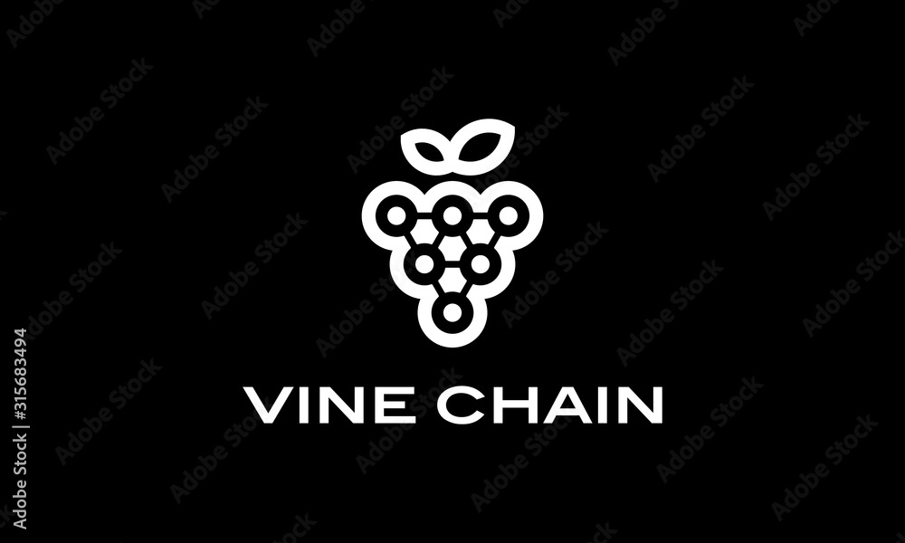 Poster vine wine grape with block chain logo design concept