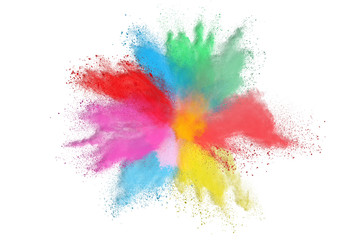 Multicolor powder explosion on white background.
