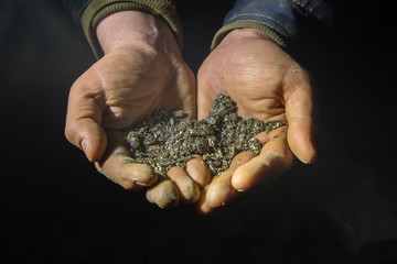 Gold ore pyrite specimen in miners hand