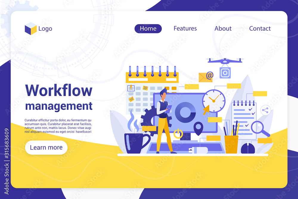 Poster workflow management flat landing page vector template. manager, businessman faceless character. work
