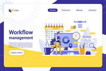 Obraz na płótnie Canvas Workflow management flat landing page vector template. Manager, businessman faceless character. Working process control, time optimization, performance improvement web banner homepage design layout