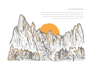 Nature vector sketch of a mountains with forest, stream, sunrise or sunset and space for text. Romantic landscape.