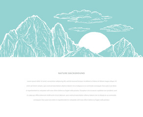 Nature sketch vector hand drawn graphic template with mountains, sun, clouds and space for your text.
