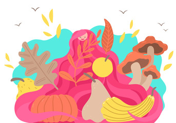 Woman with autumn fruits. Pumpkin, leaves, mushrooms and autumn decor. Vector illustration