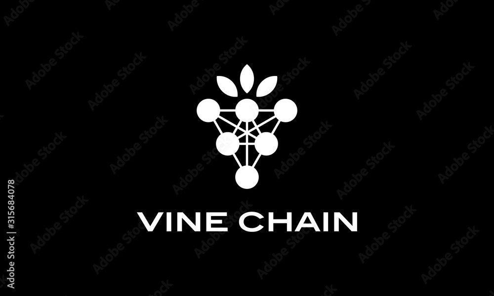 Poster vine wine grape with block chain logo design concept