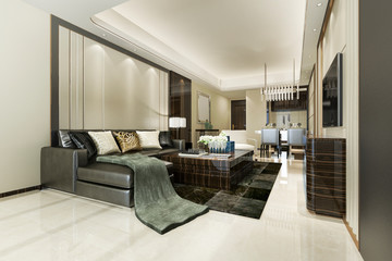 3d rendering beautiful modern dining room and living room with luxury decor