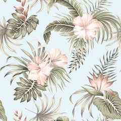 Papier peint Hibiscus Fleur d& 39 hibiscus vintage tropical, feuilles de palmier fond bleu motif transparent floral. Fond d& 39 écran de la jungle exotique.