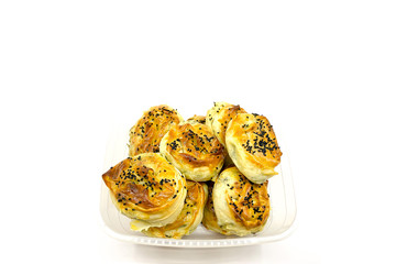Turkish Cuisine Rose Bourek Bakery with Cheese and Black Seed, Crispy Homemade Borek