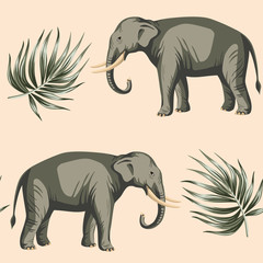 Tropical vintage animal elephant, palm leaves floral seamless pattern beige background. Exotic jungle wallpaper.
