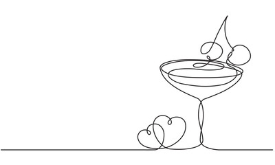 Love, wine and heart. Alcoholic cocktail with cherry. Continuous line drawing. Vector sketch