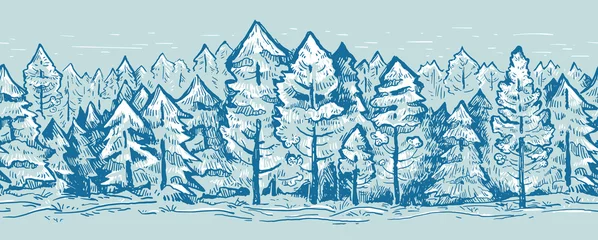 Foto auf Alu-Dibond Koniferenvektorskizzen-Grenzmuster. Tannenbäume in grauer Farbe. Geschenkpapier, Druck, Seitenfüllung, Webdesign. Vektor-Illustration © GaliChe
