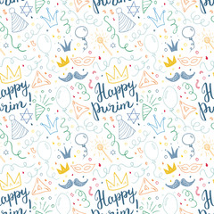 Purim seamless pattern. Traditional Jewish holiday elements, hand drawn background. vector illustration