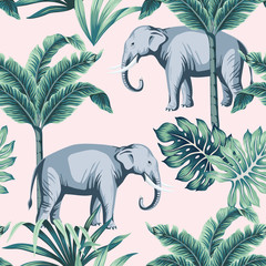 Tropical vintage elephant wild animal, palm tree and palm leaves floral seamless pattern pink background. Exotic jungle safari wallpaper.