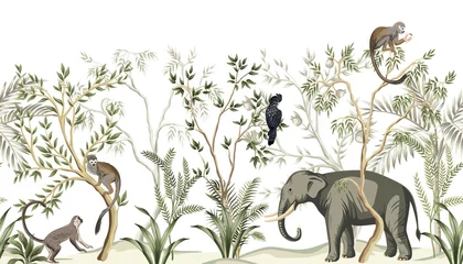 Wall murals Vintage botanical landscape Tropical vintage botanical landscape, palm tree, plant, parrot, monkey, elephant floral seamless border white background. Jungle animal wallpaper.