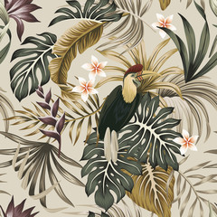 Tropical vintage exotic bird, hibiscus flower, strelitzia, palm leaves floral seamless pattern grey background. Exotic jungle wallpaper.