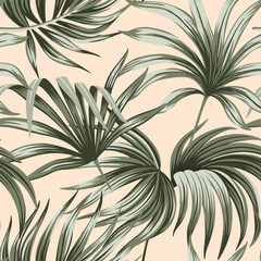 Tropical vintage palm leaves floral seamless pattern beige background. Exotic jungle wallpaper.