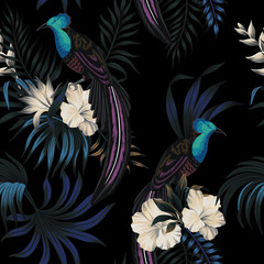 Tropical vintage night exotic bird, hibiscus flower, palm leaves floral seamless pattern black background. Exotic jungle dark wallpaper.