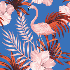 Tropical vintage pink flamingo, red palm leaves floral seamless pattern blue background. Exotic jungle wallpaper.