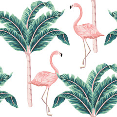Tropical vintage pink flamingo, banana trees floral seamless pattern white background. Exotic jungle wallpaper.