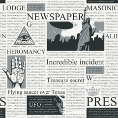 Fototapeta na wymiar Vector seamless pattern with newspaper columns. Black and white newspaper background with unreadable text, headlines, illustrations on the theme of metaphysics, palmistry, UFO, alien civilizations