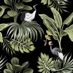 Tropical vintage night crane bird, palm trees, banana tree, palm leaves floral seamless pattern dark background. Exotic botanical jungle wallpaper.