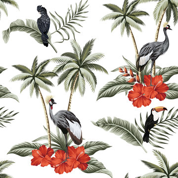 Tropical vintage botanical landscape, palm tree, palm leaves, crane, parrot, toucan, red hibiscus floral seamless pattern white background. Exotic jungle animal wallpaper.