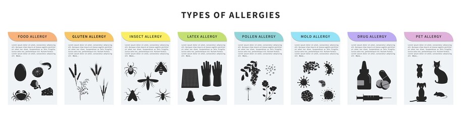 Types of allergy vector illustration. Animal hair, latex, drugs, insect, food, gluten, pollen allergy. Banner template with different allergens. Design concept for infographic - obrazy, fototapety, plakaty