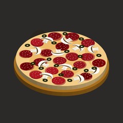 Isometric pizza flat icon on dark background. Traditional italian food. Vector illustration. Isolated.