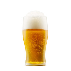 A glass of light cold beer with foam on a white background. In isolation