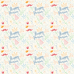 Purim seamless pattern. Traditional Jewish holiday elements, hand drawn background. vector illustration