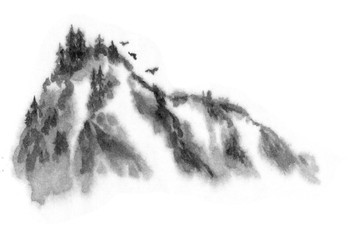 Mountain top on a white background. Mountain peaks in the fog. Landscape of a mountain of water by ink. Oriental, Chinese ink painting. Brush painting.