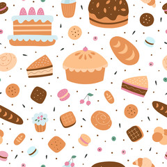 Seamless pattern with sweet pastries, buns, cakes, cookies and pies. Cute bakery vector background for cafe decoration