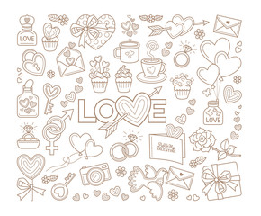 Vector line art icon set, border with design elements for Happy Valentine's Day