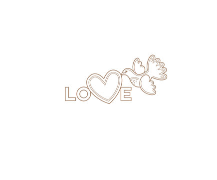 Vector illustration, Love text and dove with heart in its beak. Love logo.
